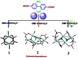 Graphical abstract: Solvent-controlled structural diversity observed in three Cu(ii) MOFs with a 2,2′-dinitro-biphenyl-4,4′-dicarboxylate ligand: synthesis, structures and magnetism