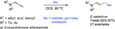 Graphical abstract: Regio- and stereoselective synthesis of ensulfonamides/enamides via catalyst-free intermolecular addition of indoles/pyrroles/imidazole to allenamides