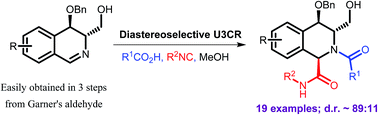 Graphical abstract: Stereoselective synthesis of functionalized 1,2,3,4-tetrahydroisoquinolines (THIQs) via highly diastereoselective Ugi three-component reactions (U3CRs) with chiral 3,4-dihydroisoquinolines (DHIQs)