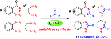 Graphical abstract: Metal-free one-pot synthesis of 1,3-diazaheterocyclic compounds via I2-mediated oxidative C–N bond formation