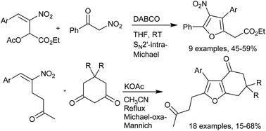 Graphical abstract: One-pot regioselective synthesis of functionalized and fused furans from Morita–Baylis–Hillman and Rauhut–Currier adducts of nitroalkenes