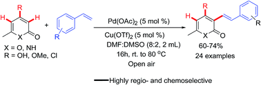 Graphical abstract: Palladium catalyzed C(sp2)–C(sp2) bond formation. A highly regio- and chemoselective oxidative Heck C-3 alkenylation of pyrones and pyridones