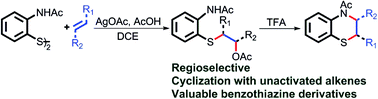 Graphical abstract: Silver-mediated thio-acetoxylation and TFA triggered cyclization of amino disulfides with unactivated alkenes: synthesis of 3-aryl/alkyl-1,4-benzothiazines
