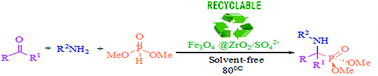 Graphical abstract: Highly efficient solvent free synthesis of α-aminophosphonates catalyzed by recyclable nano-magnetic sulfated zirconia (Fe3O4@ZrO2/SO42−)