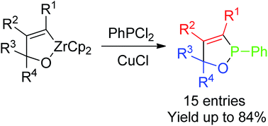 Graphical abstract: Copper-mediated reaction of oxazirconacyclopentenes with dichlorophenylphosphine: a new pathway for the formation of 1,2-oxaphosphole derivatives