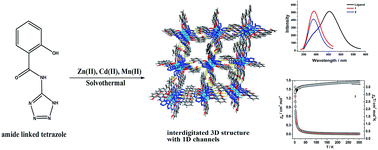 Graphical abstract: Three Zn(ii)/Cd(ii)/Mn(ii) coordination polymers based on a 2-hydroxy-N-(1H-tetrazol-5-yl) benzamide ligand: structures, and magnetic and photoluminescence properties
