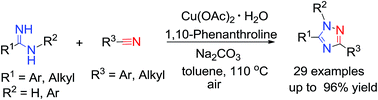 Graphical abstract: Mild Cu(OAc)2·H2O-catalyzed synthesis of multi-substituted 1,2,4-triazoles from amidines with nitriles via a N–N/C–N coupling