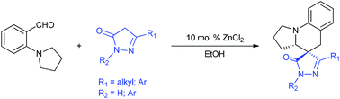 Graphical abstract: Zinc chloride catalyzed stereoselective construction of spiropyrazolone tetrahydroquinolines via tandem [1,5]-hydride shift/cyclization sequence