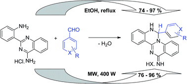 Graphical abstract: Acid catalyzed synthesis of 2-(2-aminophenyl)quinazoline-4-amine and reaction with aromatic aldehydes