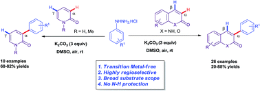 Graphical abstract: Regioselective α-arylation of coumarins and 2-pyridones with phenylhydrazines under transition-metal-free conditions