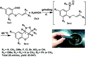 Graphical abstract: In situ mechanochemical synthesis of nitrones followed by 1,3-dipolar cycloaddition: a catalyst-free, “green” route to cis-fused chromano[4,3-c]isoxazoles