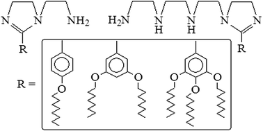 Graphical abstract: Imidazolines containing single-, twin- and triple-tailed hydrophobes and hydrophilic pendants (CH2CH2NH)nH as inhibitors of mild steel corrosion in CO2–0.5 M NaCl