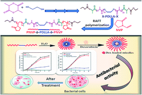 Graphical abstract: Self-assembly, doxorubicin-loading and antibacterial activity of well-defined ABA-type amphiphilic poly(N-vinylpyrrolidone)-b-poly(d,l-lactide)-b-poly(N-vinyl pyrrolidone) triblock copolymers