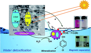 Graphical abstract: Magnetically recoverable ZrO2/Fe3O4/chitosan nanomaterials for enhanced sunlight driven photoreduction of carcinogenic Cr(vi) and dechlorination & mineralization of 4-chlorophenol from simulated waste water