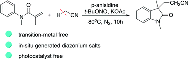 Graphical abstract: Cyanomethylation of alkenes with C–H bond activation of acetonitrile: in situ generated diazonium salts as promoters without transition-metals
