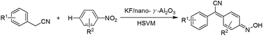 Graphical abstract: Solvent-free mechanochemical synthesis of arylcyanomethylenequinone oximes from phenylacetonitriles and 4-unsubstituted nitroaromatic compounds using KF/nano-γ-Al2O3 as catalyst