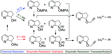 Graphical abstract: Enantiopure synthesis of 7-(1-pyrindanyl)propargyl ethers as rasagiline analogues via chemical or enzymatic resolution of 1-pyrindan-7-ol
