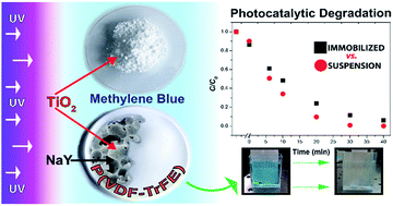 Graphical abstract: Comparative efficiency of TiO2 nanoparticles in suspension vs. immobilization into P(VDF–TrFE) porous membranes