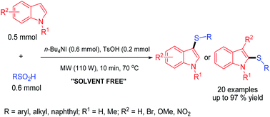 Graphical abstract: Microwave-assisted regioselective sulfenylation of indoles under solvent- and metal-free conditions