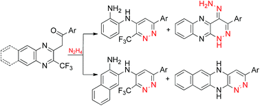 Graphical abstract: Synthesis of 4-arylamino-3-(trifluoromethyl)pyridazines and pyridazino[3,4-b]quinoxalines (as by-products) from 3-aroylmethyl-2-(trifluoromethyl)quinoxalines and hydrazine hydrate