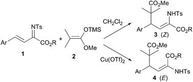 Graphical abstract: E,Z-Stereodivergent synthesis of N-tosyl α,β-dehydroamino esters via a Mukaiyama–Michael addition