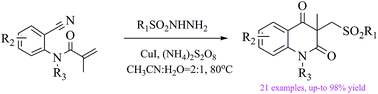 Graphical abstract: An efficient synthesis of sulfonated quinoline diones by copper catalyzed sulfonylation of activated alkenes with sulfonylhydrazides