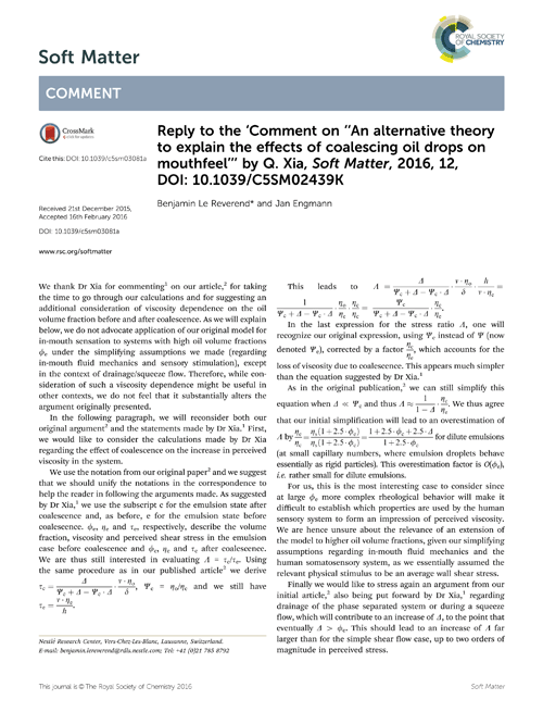 Reply to the ‘Comment on “An alternative theory to explain the effects of coalescing oil drops on mouthfeel”’ by Q. Xia, Soft Matter, 2016, 12, DOI: 10.1039/C5SM02439K