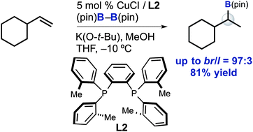 Graphical abstract: Highly selective Markovnikov hydroboration of alkyl-substituted terminal alkenes with a phosphine–copper(i) catalyst