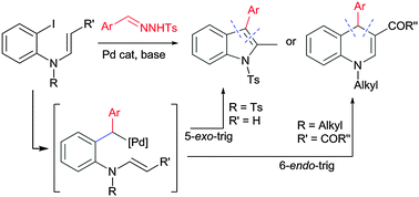 Graphical abstract: Pd-catalyzed cascade reactions between o-iodo-N-alkenylanilines and tosylhydrazones: novel approaches to the synthesis of polysubstituted indoles and 1,4-dihydroquinolines