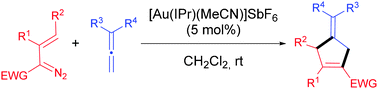 Graphical abstract: Gold-catalyzed intermolecular formal (3+2) cycloaddition of stabilized vinyldiazo derivatives and electronically unbiased allenes