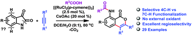 Graphical abstract: The amide C–N bond of isatins as the directing group and the internal oxidant in Ru-catalyzed C–H activation and annulation reactions: access to 8-amido isocoumarins