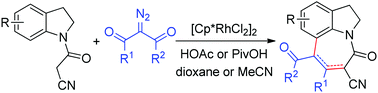 Graphical abstract: Rhodium-catalyzed C–H activation of 3-(indolin-1-yl)-3-oxopropanenitriles with diazo compounds and tandem cyclization leading to hydrogenated azepino[3,2,1-hi]indoles
