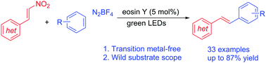 Graphical abstract: Synthesis of stilbene derivatives via visible-light-induced cross-coupling of aryl diazonium salts with nitroalkenes using –NO2 as a leaving group