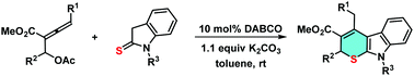 Graphical abstract: Access to thiopyrano[2,3-b]indole via tertiary amine-catalyzed formal (3+3) annulations of β′-acetoxy allenoates with indoline-2-thiones