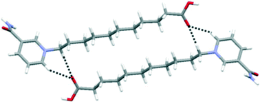 Graphical abstract: C–H⋯O or N–H⋯O hydrogen bonded biomimetic dimerized rectangular secondary structural motifs formed by L-shaped fatty acid-substituted nicotinamide salts with PF6−, BF4−, NO3− and Br− anions