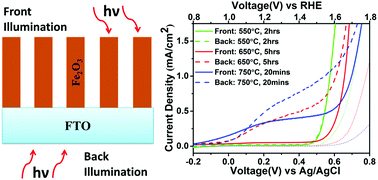 Graphical abstract: Understanding charge transport in non-doped pristine and surface passivated hematite (Fe2O3) nanorods under front and backside illumination in the context of light induced water splitting