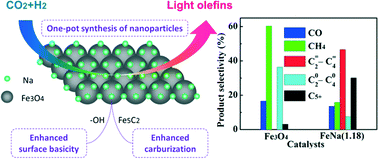 Graphical abstract: New insights into the effect of sodium on Fe3O4- based nanocatalysts for CO2 hydrogenation to light olefins