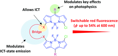 Graphical abstract: Push–pull flexibly-bridged bis(haloBODIPYs): solvent and spacer switchable red emission