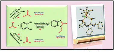 Graphical abstract: Complexes of (η5-Cp*)Ir(iii) with 1-benzyl-3-phenylthio/selenomethyl-1,3-dihydrobenzoimidazole-2-thione/selenone: catalyst for oxidation and 1,2-substituted benzimidazole synthesis