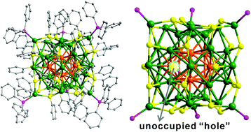 Graphical abstract: Peculiar holes on checkerboard facets of a trigonal prismatic Au9Ag36(SPhCl2)27(PPh3)6 cluster caused by steric hindrance and magic electron count