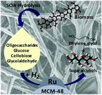 Graphical abstract: Supercritical water hydrolysis of cellulosic biomass as effective pretreatment to catalytic production of hexitols and ethylene glycol over Ru/MCM-48