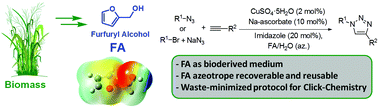 Graphical abstract: Searching for novel reusable biomass-derived solvents: furfuryl alcohol/water azeotrope as a medium for waste-minimised copper-catalysed azide–alkyne cycloaddition