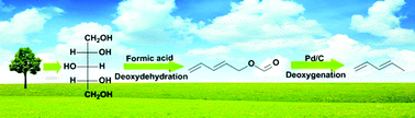 Graphical abstract: Production of renewable 1,3-pentadiene from xylitol via formic acid-mediated deoxydehydration and palladium-catalyzed deoxygenation reactions