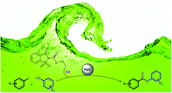 Graphical abstract: Pd/C catalyzed phenoxycarbonylation using N-formylsaccharin as a CO surrogate in propylene carbonate, a sustainable solvent