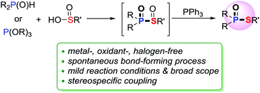 Graphical abstract: Metal- and oxidant-free S–P(O) bond construction via direct coupling of P(O)H with sulfinic acids