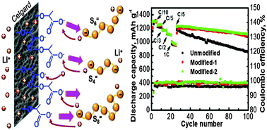 Graphical abstract: Suppression of the polysulfide-shuttle behavior in Li–S batteries through the development of a facile functional group on the polypropylene separator