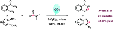 Graphical abstract: Atmospheric CO2 promoted synthesis of N-containing heterocycles over B(C6F5)3 catalyst