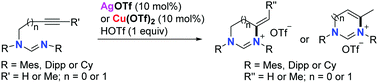 Graphical abstract: Facile syntheses of N-heterocyclic carbene precursors through Cu(ii)- or Ag(i)-catalyzed amination of N-alkynyl formamidines