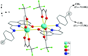 Graphical abstract: Dinuclear Ln(iii) complexes constructed from an 8-hydroxyquinoline Schiff base derivative with different terminal groups show differing slow magnetic relaxation