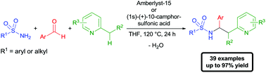 Graphical abstract: 3-Component synthesis of α-substituted sulfonamides via Brønsted acid-catalyzed C(sp3)–H bond functionalization of 2-alkylazaarenes